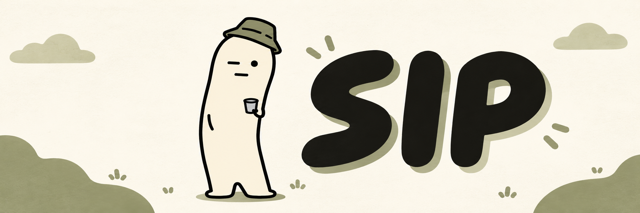 SIP and his little cup beside large SIP lettering