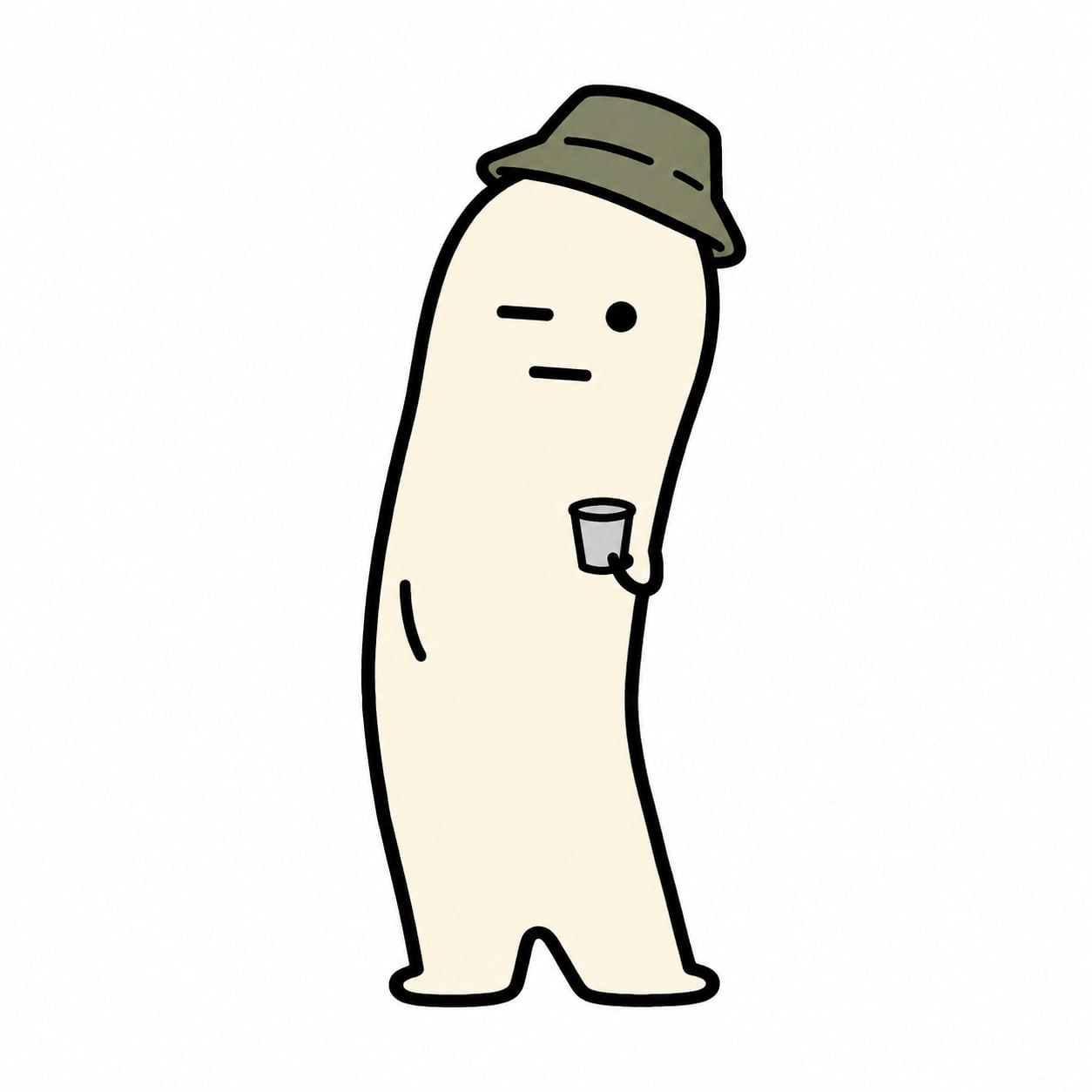 SIP, a cream-colored doodle in a bucket hat holding a little cup